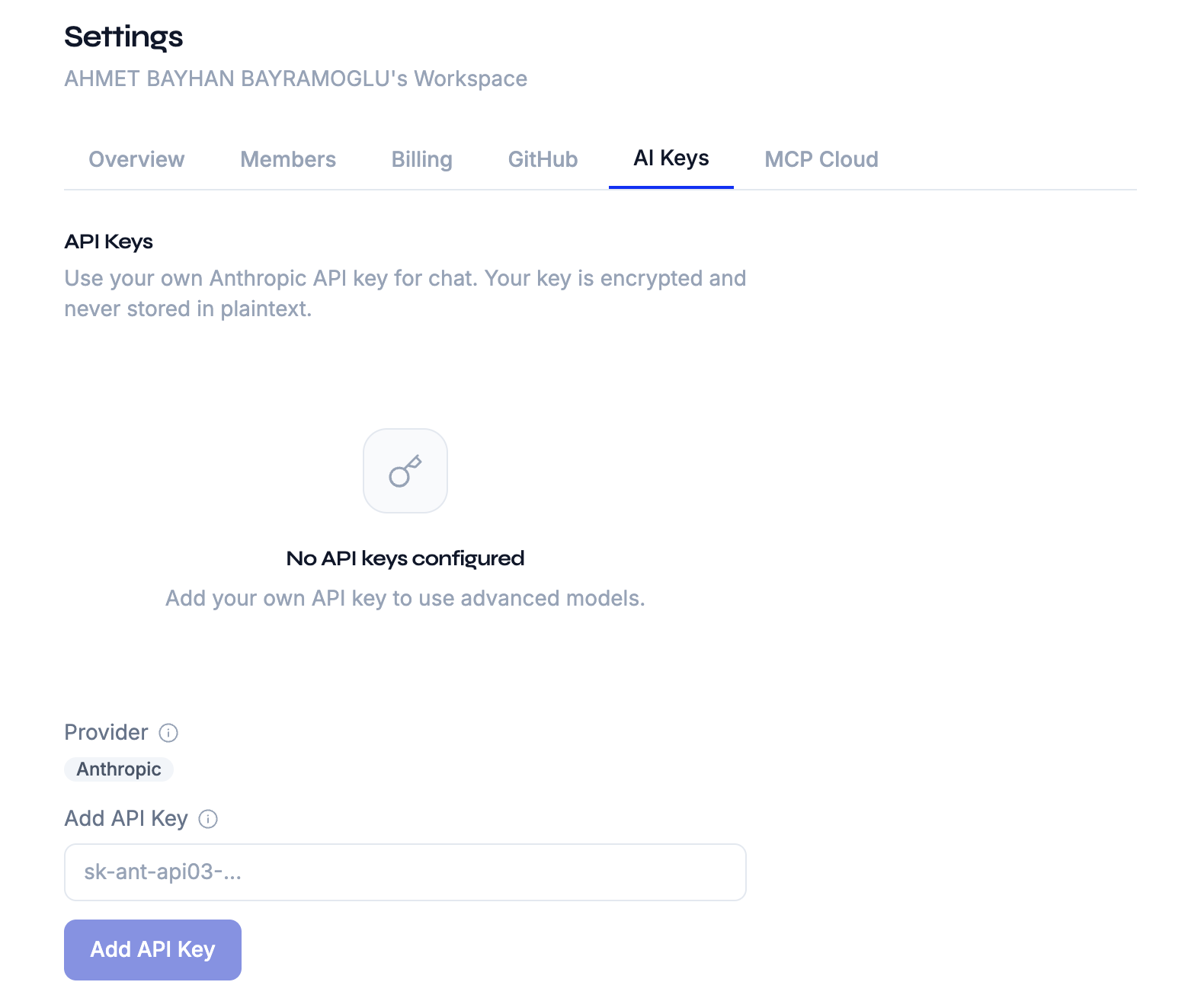 The AI Keys tab: add your own Anthropic API key — encrypted and never stored in plaintext — under Workspace Settings