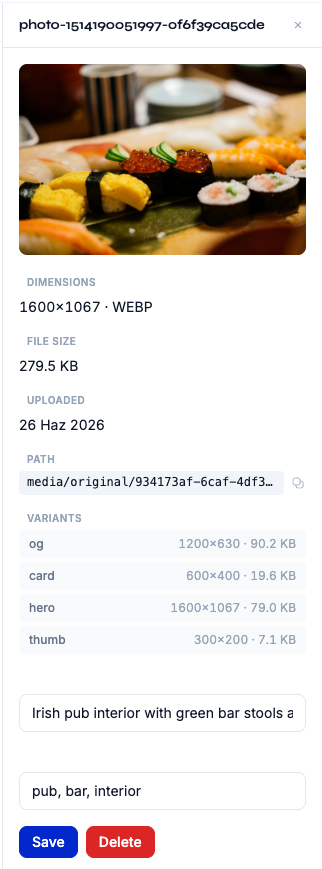 An asset's detail panel: preview, dimensions, file size, storage path, generated variants (og, card, hero, thumb), alt text, and tags