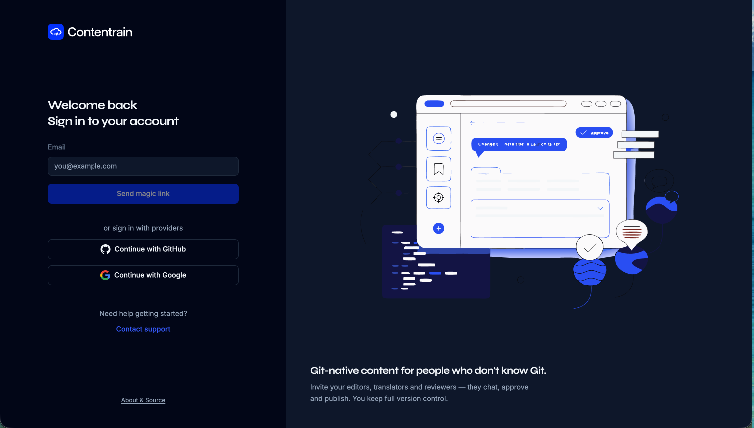 The login page — sign in with GitHub, Google, or a magic link