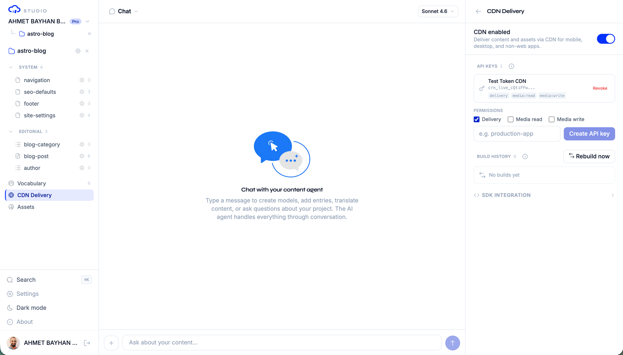 The CDN Delivery panel: enable toggle, API keys with scopes, key permissions, and build history