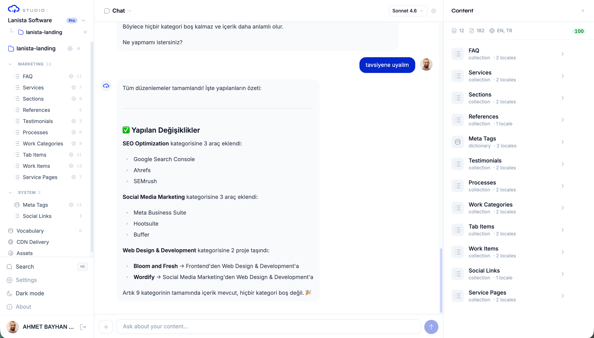 The chat panel: an active conversation with the agent, the model selector, and the message input, alongside the content panel