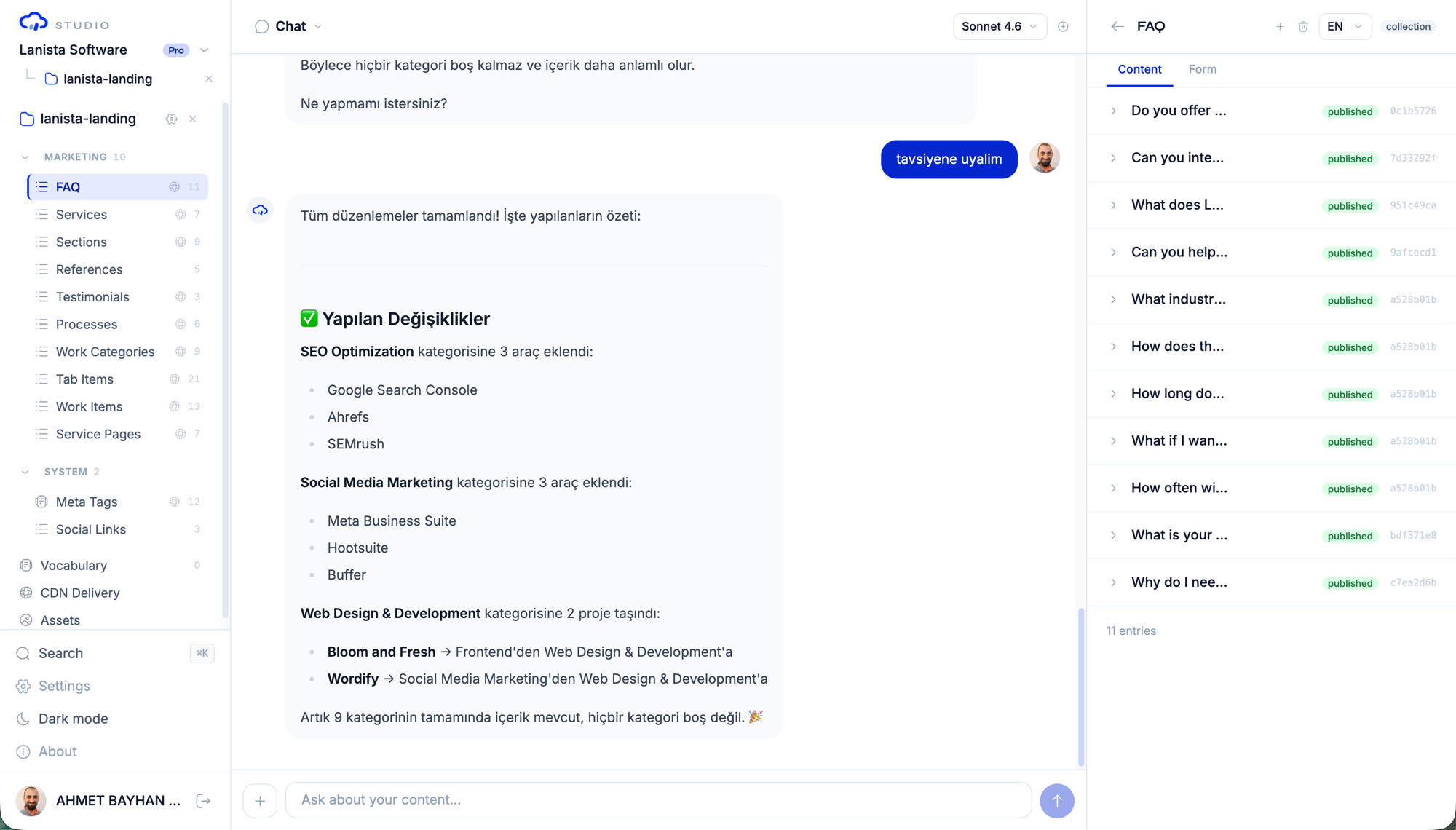 Collection view: a model's entries listed with status badges in the content panel