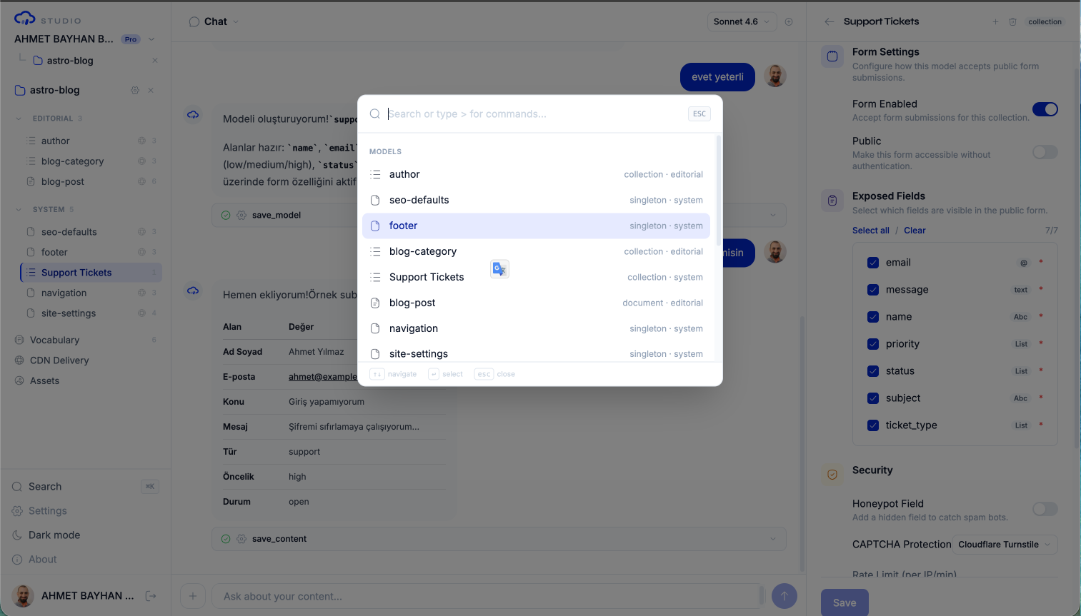 The command palette (Cmd+K): a search input with grouped results — here, the project's content models
