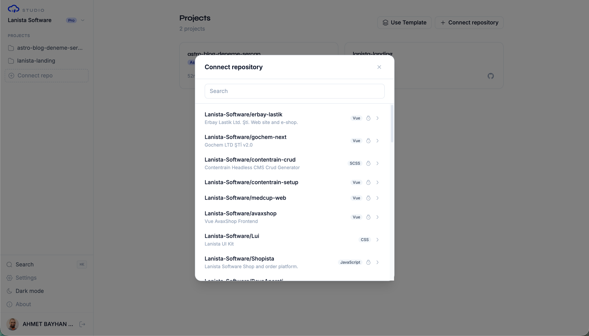 Connect repository dialog showing GitHub repository selection