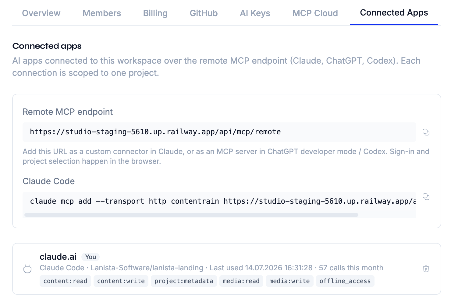 The Connected Apps tab: the remote MCP endpoint at the top, followed by a list of connected apps showing each app's logo, host, project, granted scopes, last-used time, and monthly call count, with a Disconnect button per row