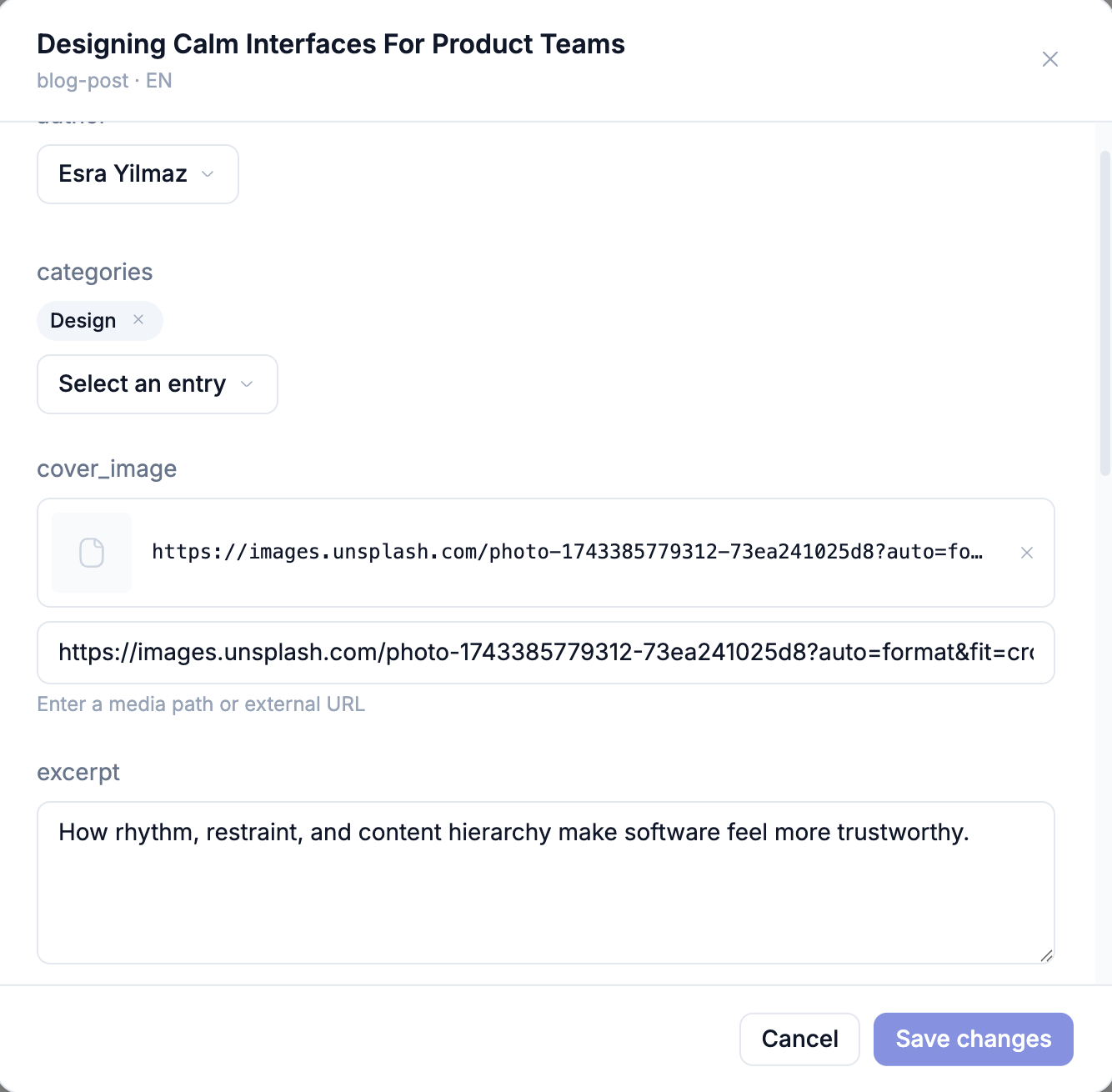 The editor modal for a blog post — a relation field (author), a relations field (categories), an image field that takes a media path or URL (cover_image), and a text field (excerpt), with a Save changes button