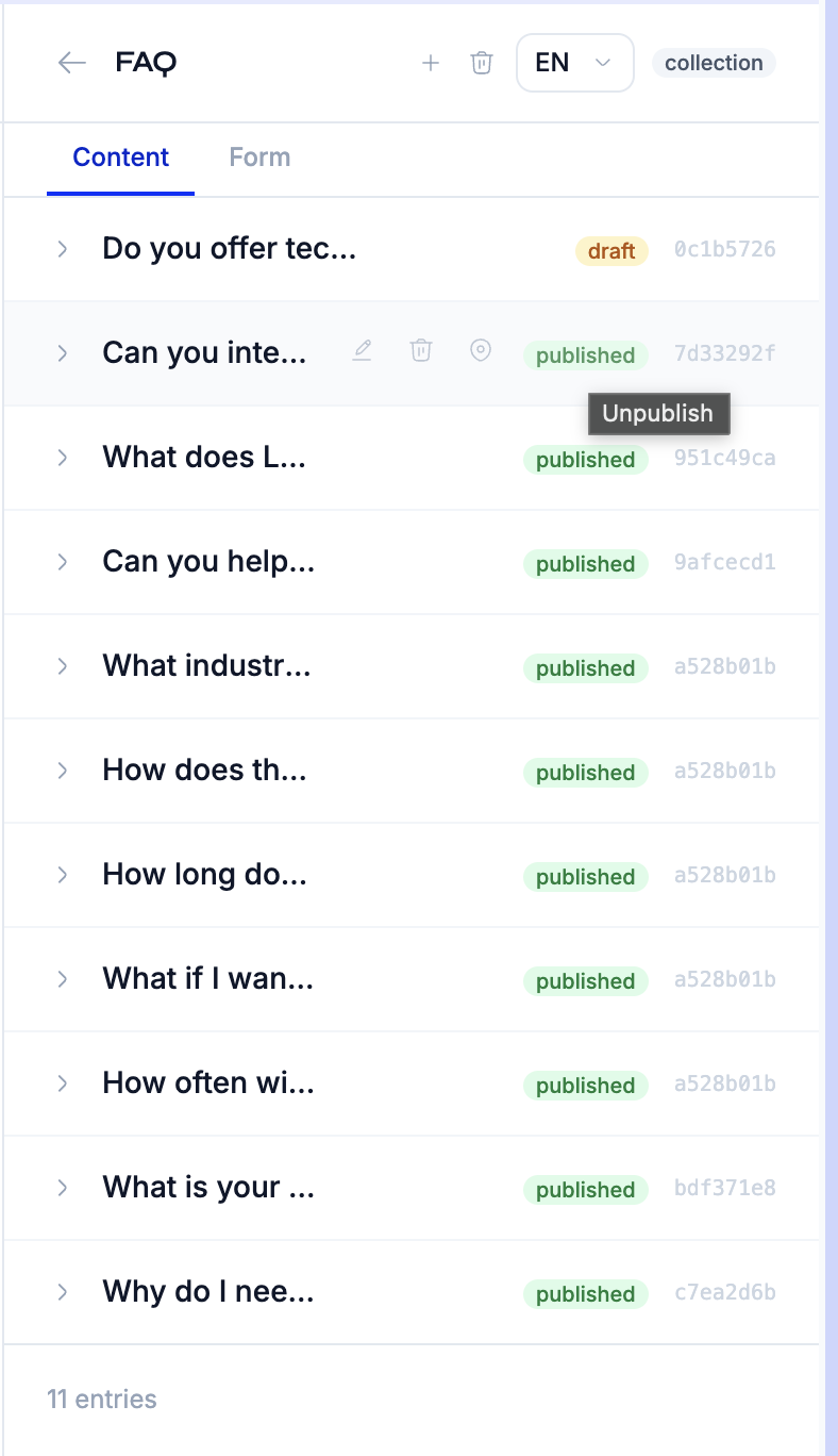 Content entries with status badges (draft, published) and the publish/unpublish toggle on row hover
