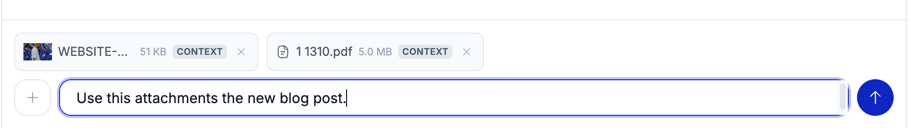Context chips above the chat input — an image and a PDF pinned as CONTEXT for the agent