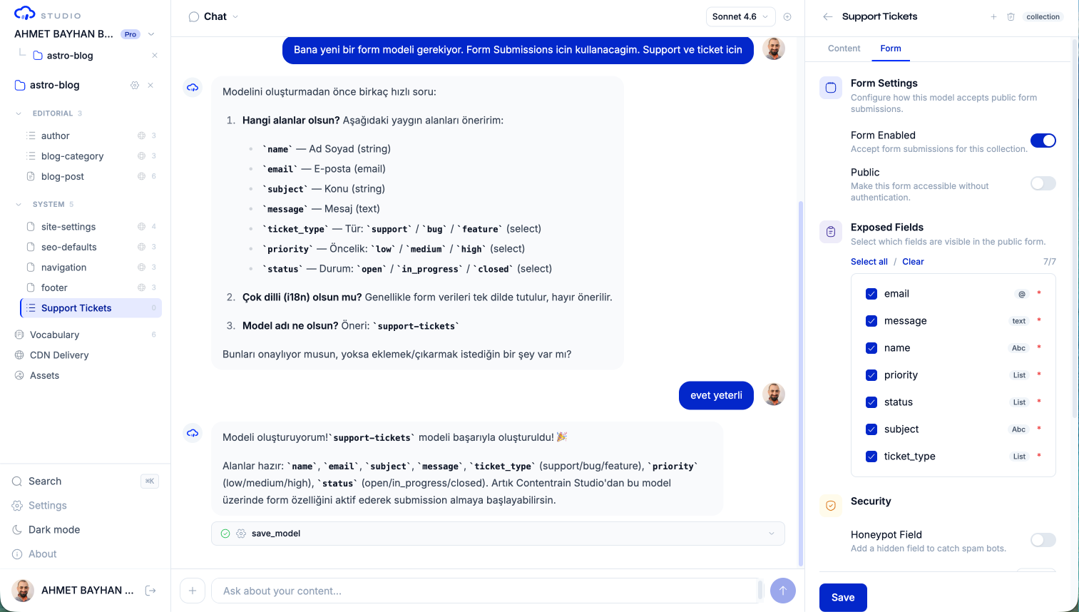 The Form tab: enable form submissions, mark the form public, and choose which fields are exposed