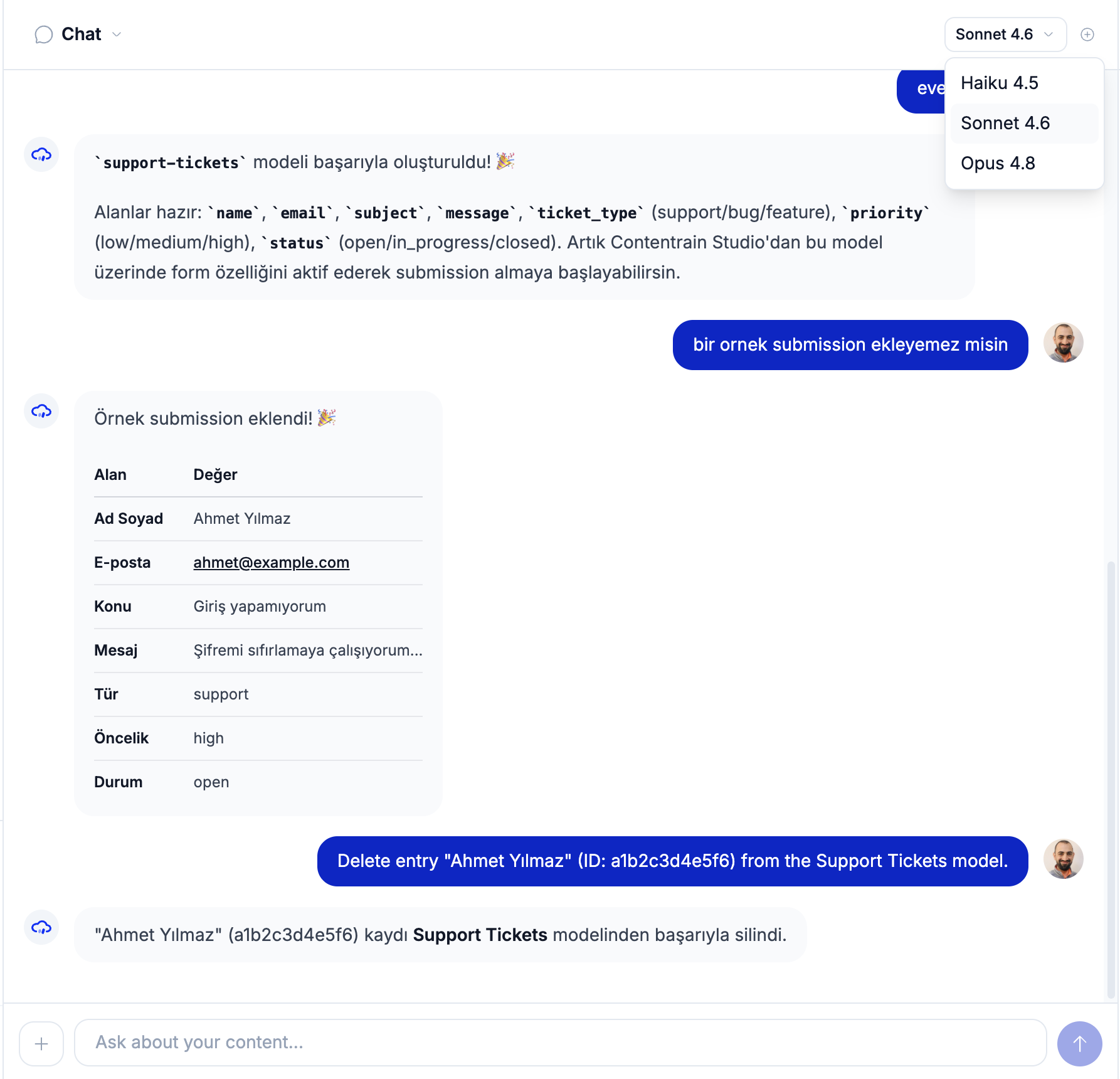 The model selector dropdown in the chat header: Haiku 4.5, Sonnet 4.6, and Opus 4.8