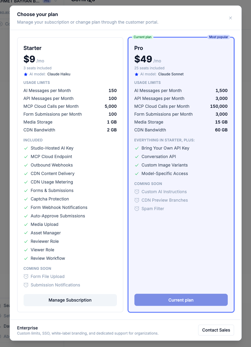The plan selection modal — Starter and Pro cards with usage limits, included features, and "coming soon" items; Enterprise via Contact Sales