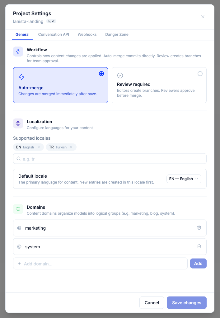 Project Settings — the General tab showing the workflow mode (auto-merge vs review), supported locales, and content domains