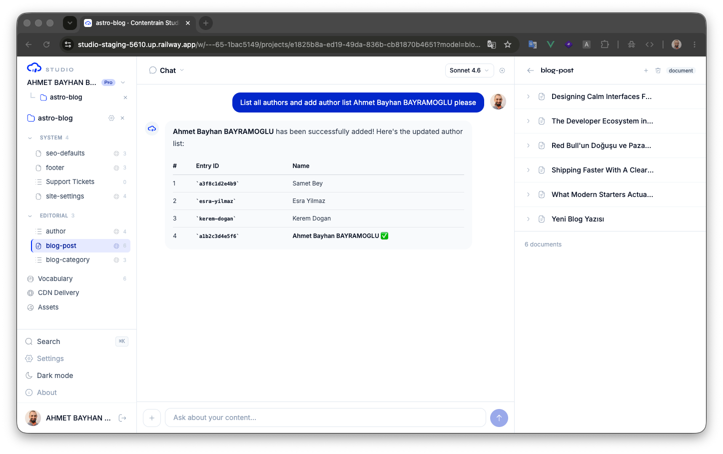 The Contentrain Studio workspace — the model sidebar, the AI chat, and the content panel side by side