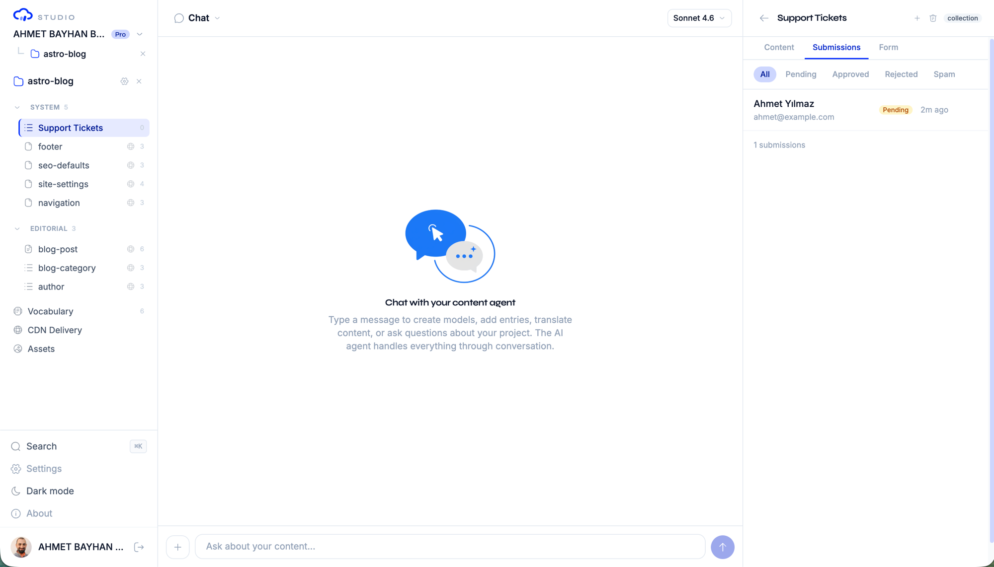 The Submissions tab: filter by status (All / Pending / Approved / Rejected / Spam), each submission showing a status badge