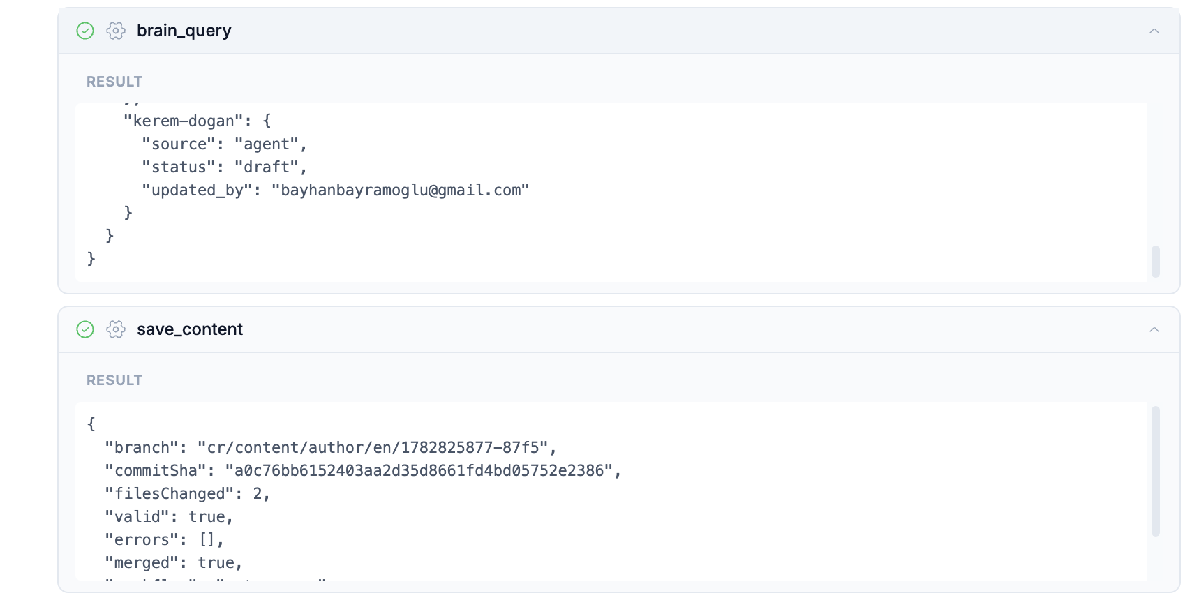 Expanded tool-call cards showing the brain_query and save_content results as JSON