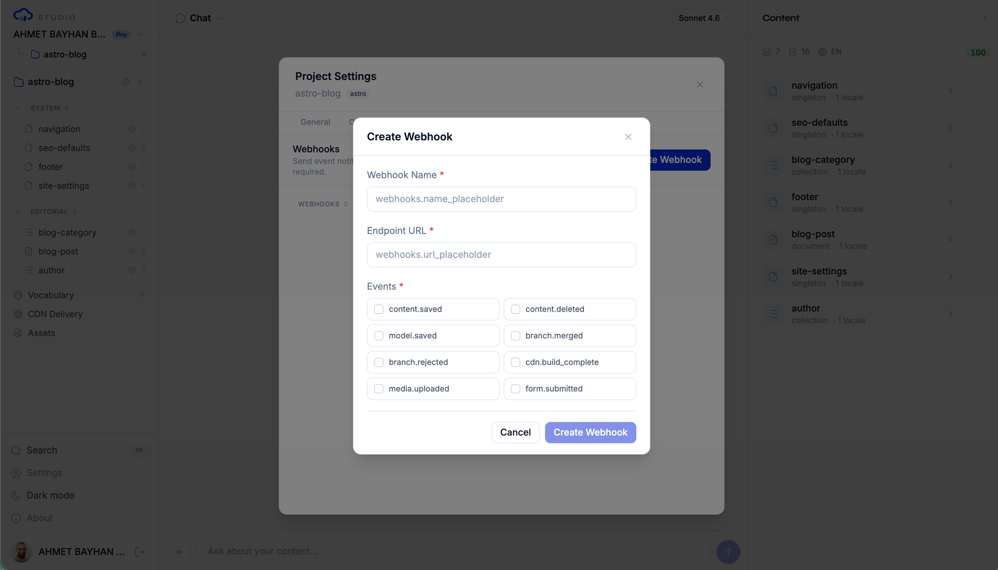 Creating a webhook: name, endpoint URL, and the event checkboxes for all eight event types