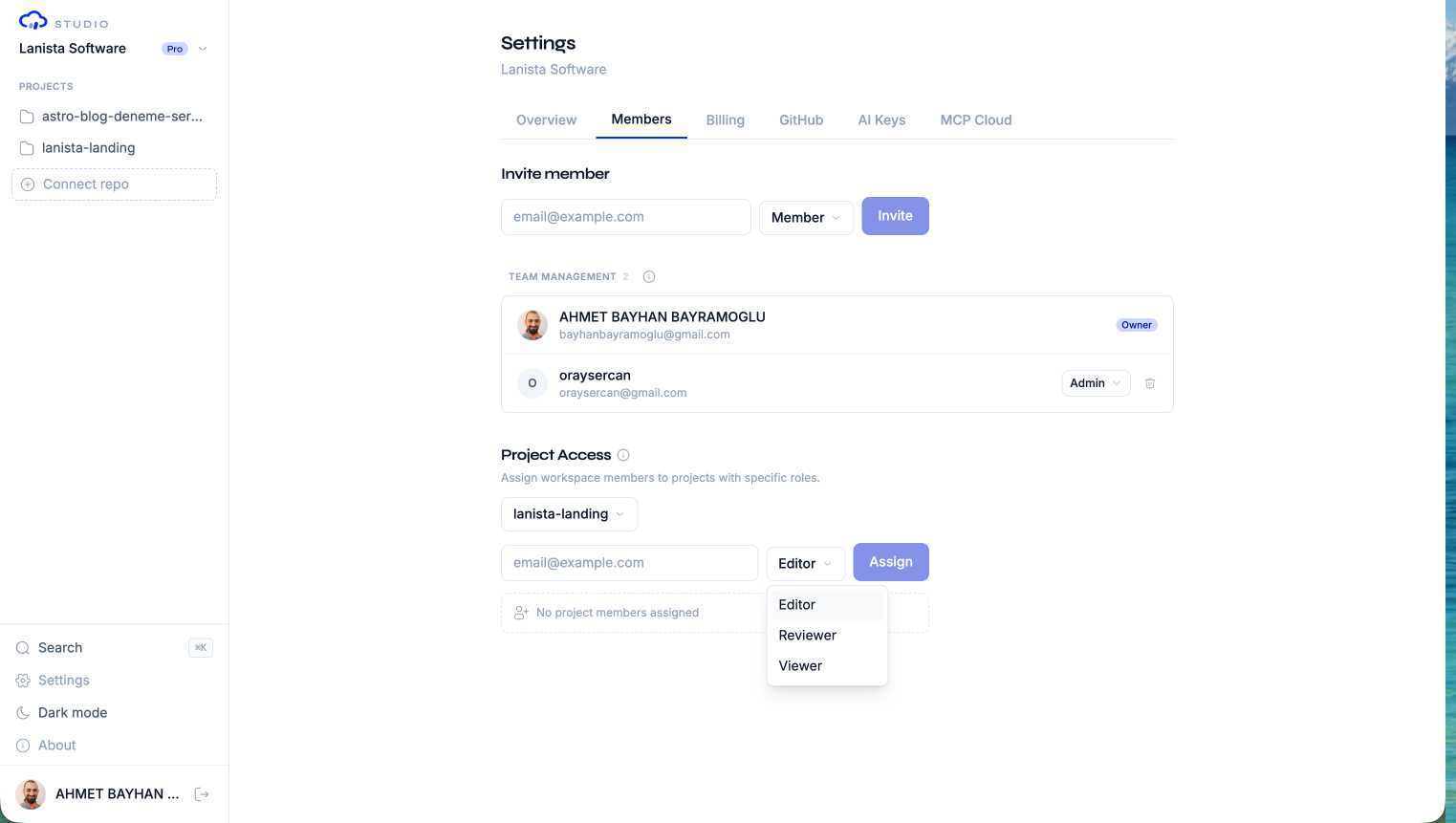 The Members tab: workspace members with role badges, the invite form, and per-project role assignment