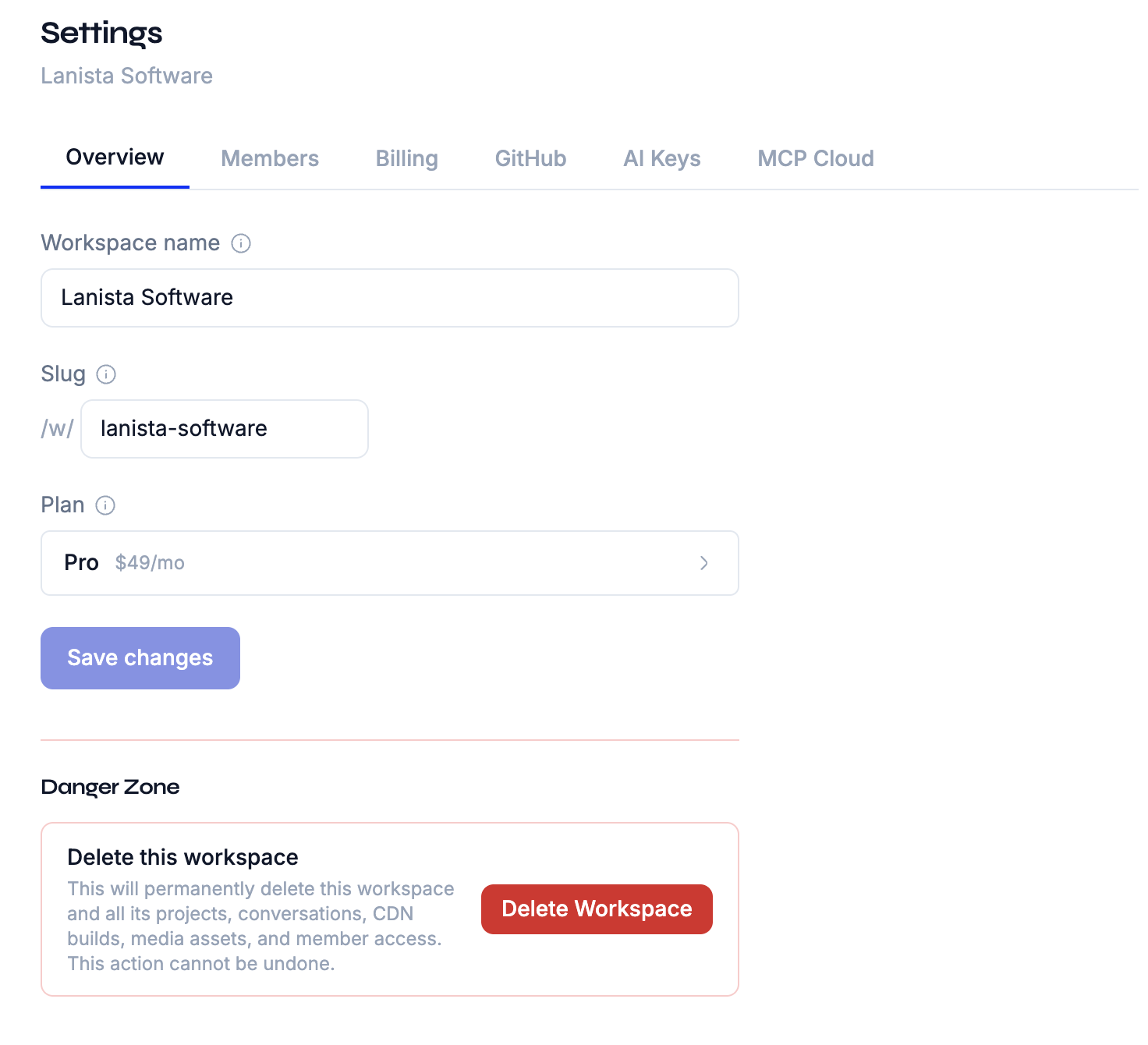 Workspace settings — the Overview tab with name, slug, and plan, plus tabs for Members, Billing, GitHub, AI Keys, and MCP Cloud, and the danger zone