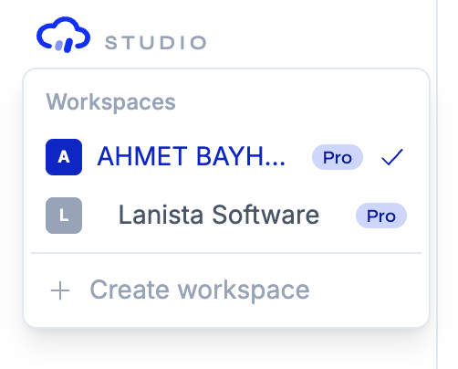 The workspace switcher: your workspaces with plan badges and a "Create workspace" option